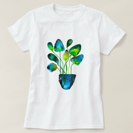水彩植物アート緑と青抽象芸術T志 Tシャツ (デザイン正面)