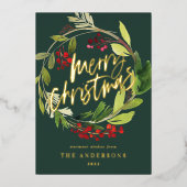 水彩植物グリーンのリース　クリスマス 箔シーズンカード (正面)