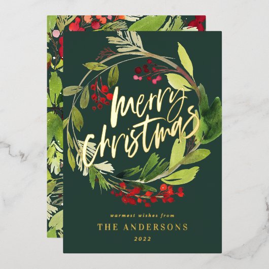 水彩植物グリーンのリース　クリスマス 箔シーズンカード (正面/裏面)