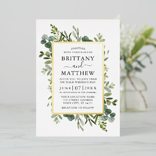 水彩植物グリーン フォト ウェディング ゴールド 箔招待状 (立ち正面)