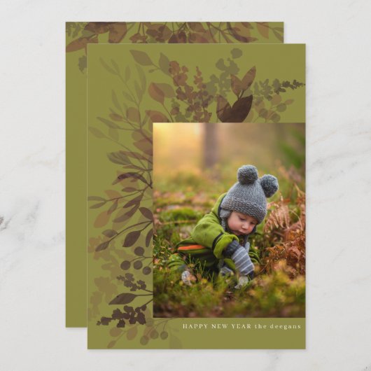 水彩植物体フラットニューイヤーカードグリーン シーズンカード (正面/裏面)