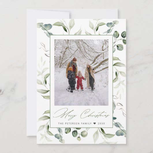 水彩植物体フレームメリークリスマスフォト シーズンカード (正面)