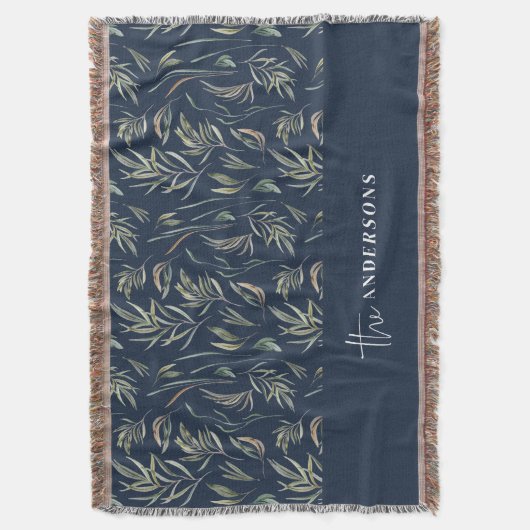 水彩植物性のネイビーエレガントファミリーの装飾 スローブランケット (正面縦)
