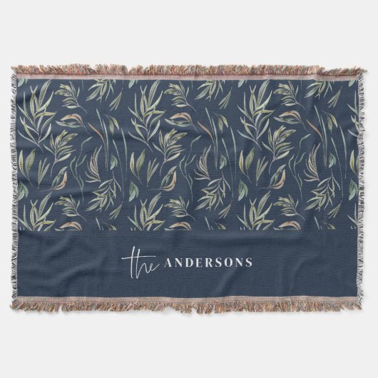 水彩植物性のネイビーエレガントファミリーの装飾 スローブランケット (正面)