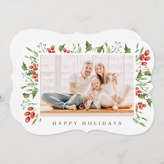 水彩植物性のホリーベリーの葉のクリスマス シーズンカード (正面/裏面)