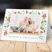 水彩植物性のホリーベリーの葉のクリスマス シーズンカード