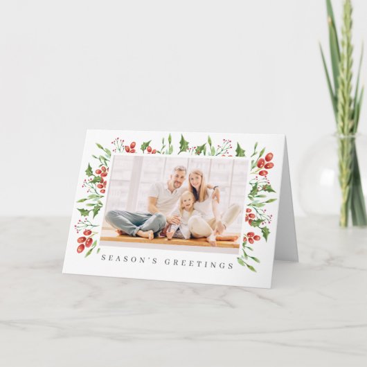 水彩植物性のホリーベリーの葉のクリスマス シーズンカード (正面)
