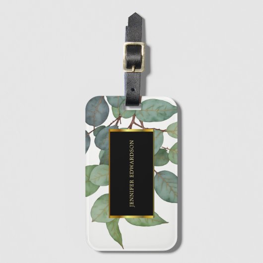 水彩植物性の緑の黒い金ゴールド ラゲッジタグ (正面縦)