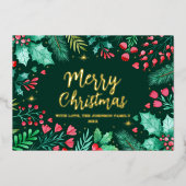 水彩植物性の葉クリスマス 箔シーズンカード (正面)