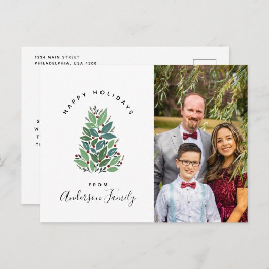 水彩植物性クリスマスツリー写真グリーティング ポストカード (正面/裏面)