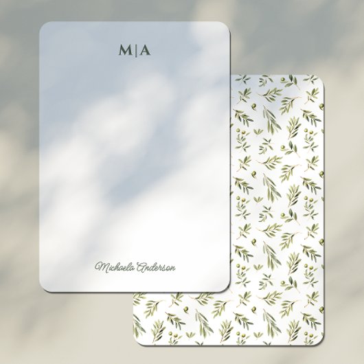 水彩植物性グリーンオリーブのモノグラム&名前 ノートカード