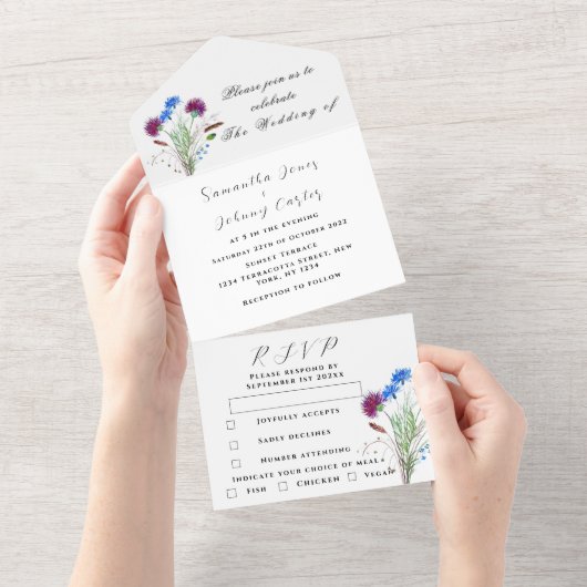 水彩植物性シスルシンプルフローラ結婚ズ オールインワン招待状 (貼ってはがせる)
