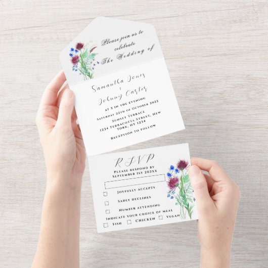 水彩植物性シスルシンプルフローラ結婚ズ オールインワン招待状 (貼ってはがせる)