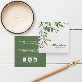 水彩植物性スクリプトタイポグラフィホワイトグリーン スクエア名刺