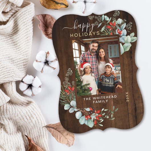 水彩植物性ハッピーホリデーフォトウッド シーズンカード