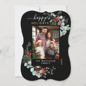 水彩植物性ハッピーホリデーフォトブラック シーズンカード (正面)