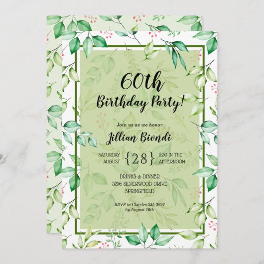 水彩植物性バースデーパーティ招待状 (正面/裏面)