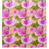 水彩植物性ピンクと金ゴールド花 シャワーカーテン (正面)