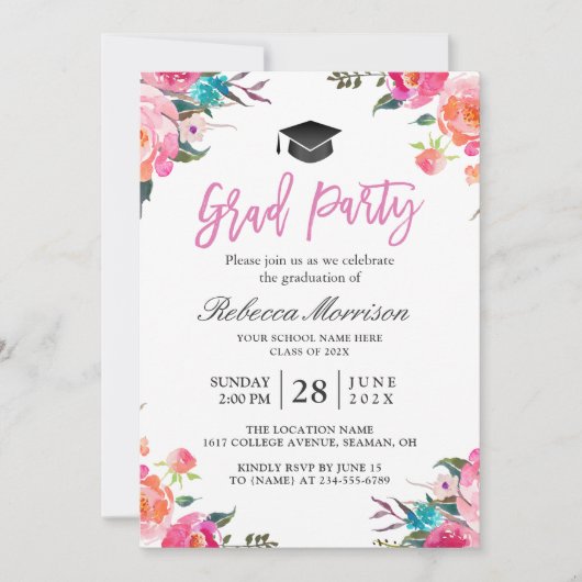 水彩植物性ピンクフローラ卒業パーティー 招待状 (正面)