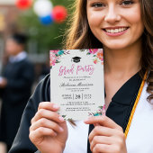 水彩植物性ピンクフローラ卒業パーティー 招待状