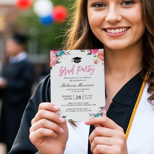 水彩植物性ピンクフローラ卒業パーティー 招待状