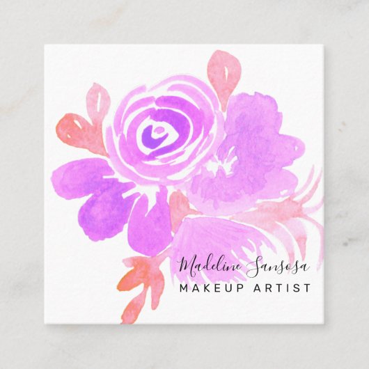 水彩植物性フローラパープルピンクサロン スクエア名刺 (正面)