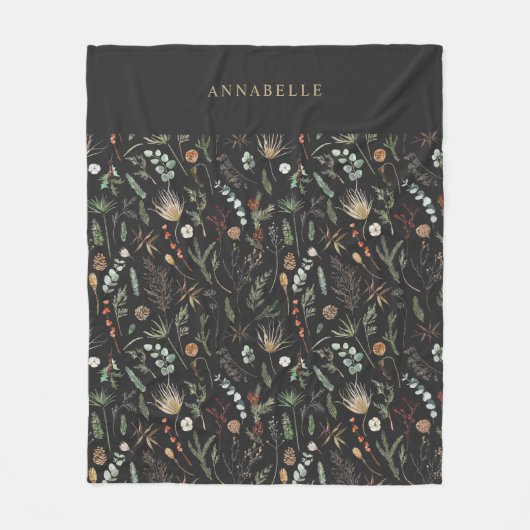 水彩植物性フローラムーディブラックモダン フリースブランケット (正面)