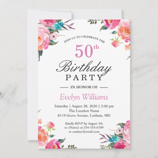 水彩植物性フローラリース誕生日パーティー 招待状 (正面)