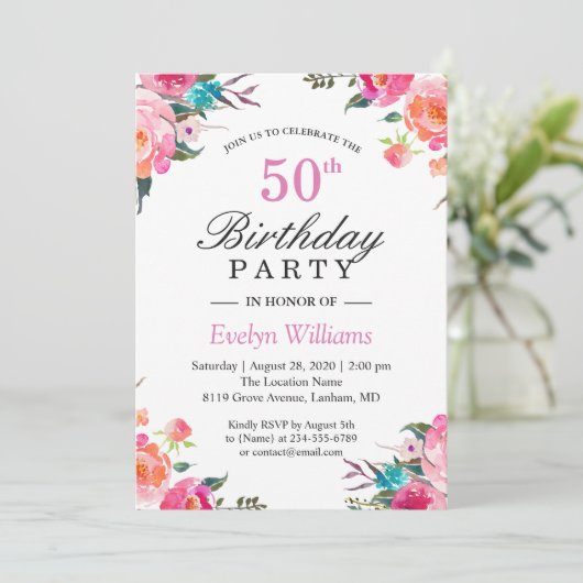 水彩植物性フローラリース誕生日パーティー 招待状 (スタンド正面)