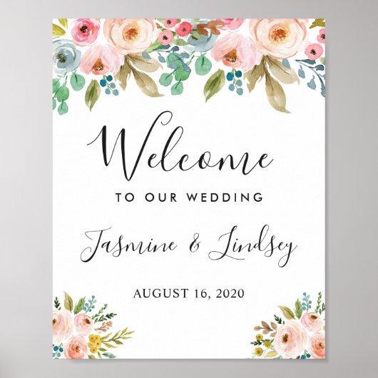 水彩植物性フローラ結婚のウェルカムサイン ポスター (正面)
