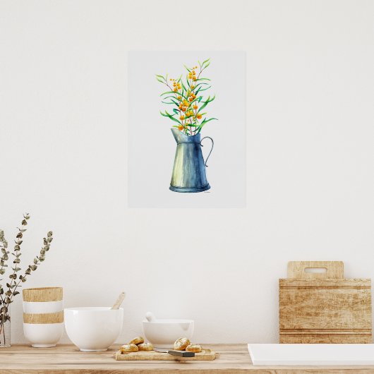 水彩植物性ブルーイエロージュグ ポスター (キッチン)