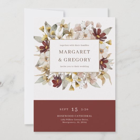水彩植物性ボルドー結婚ズ 招待状 (正面)