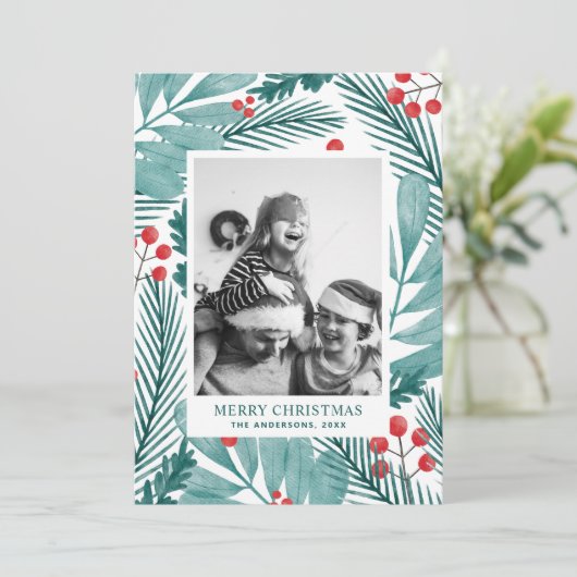 水彩植物性メリークリスマスファミリーフォト シーズンカード (スタンド正面)