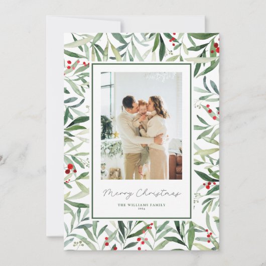 水彩植物性メリークリスマスフォト シーズンカード (正面)