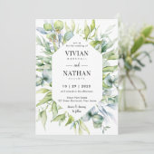 水彩植物性ユーカリ緑結婚草 招待状 (スタンド正面)