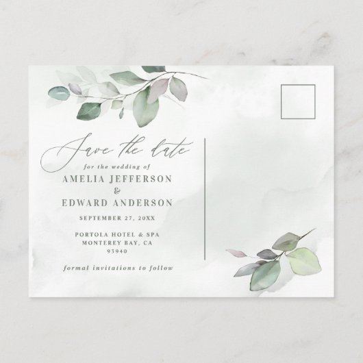 水彩植物性ユーカリ金ゴールド結婚ズ 案内ポストカード (裏面)