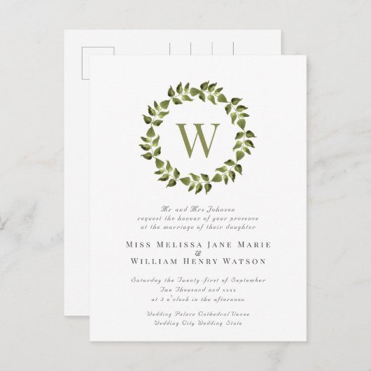 水彩植物性リースグリーンリーフ結婚ズ インビテーションポストカード (正面/裏面)