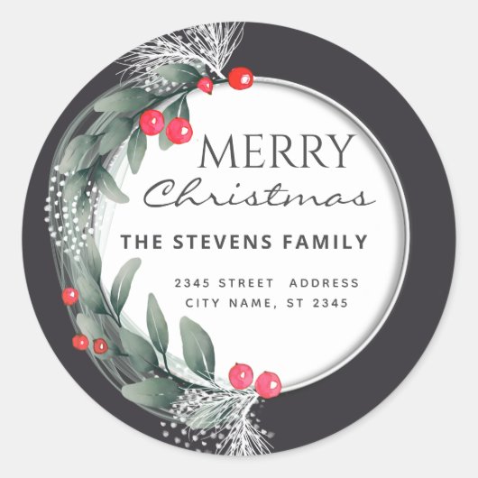 水彩植物性リース冬 ラウンドシール (正面)