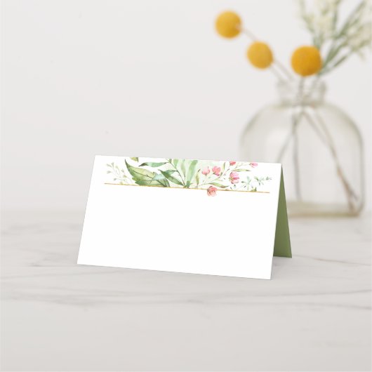 水彩植物性緑葉色ピンク花 | プレイスカード (正面)