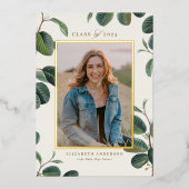 水彩植物性葉植物ベージュ写真卒業 箔招待状 (正面)