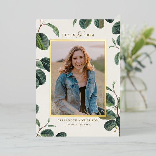 水彩植物性葉植物ベージュ写真卒業 箔招待状 (立ち正面)