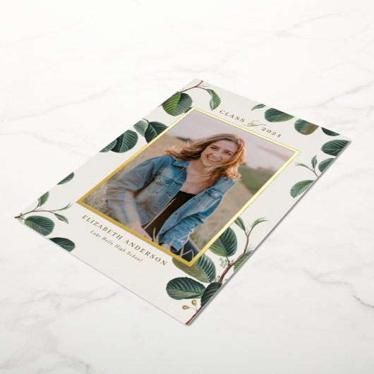 水彩植物性葉植物ベージュ写真卒業 箔招待状 (回転した状態)