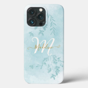 水彩植物性葉植物植物群葉ブルーモノグラム iPhone 13 PROケース