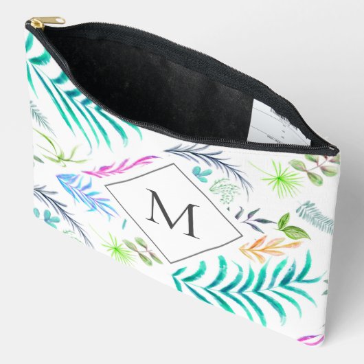 水彩植物性葉植物模様ホワイトモノグラム アクセサリーポーチ (見開き)