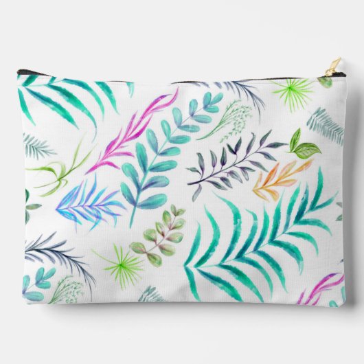 水彩植物性葉植物模様ホワイトモノグラム アクセサリーポーチ (裏面)