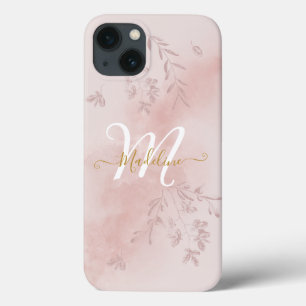 水彩植物性葉植物群葉ピンクモノグラム iPhone 13ケース