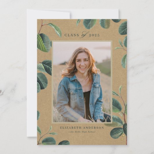 水彩植物性葉植物Kraft写真卒業 案内状 (正面)