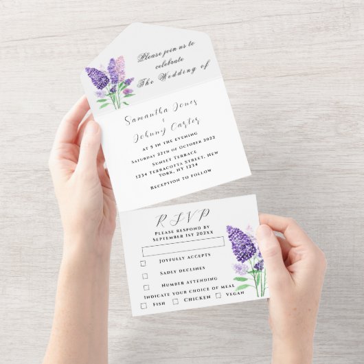 水彩植物性薄紫パープルフローラ結婚ズ オールインワン招待状 (貼ってはがせる)