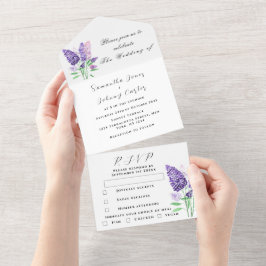 水彩植物性薄紫パープルフローラ結婚ズ オールインワン招待状