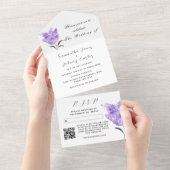 水彩植物性薄紫パープルフローラ結婚ズ オールインワン招待状 (貼ってはがせる)